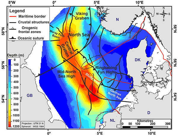 In den rot markierten Bereichen hat sich das Becken der Nordsee seit rund 2,6 Millionen Jahren um bis zu 1.100 Meter abgesenkt.