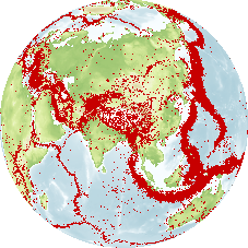 Weltkugel mit Verteilung der Erdbeben 