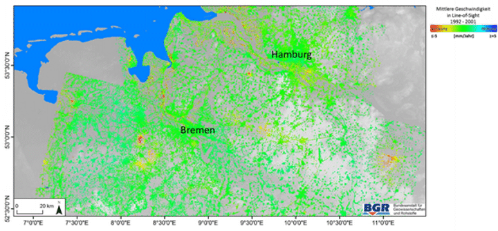Abb. 1: ERS 1/2 PSI-WAP Ergebnis im Bereich Nord-West Deutschlands (1992-2001) aus den Projekten Terrafirma und Copernicus-Dienstekonzept